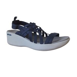 Skechers Womens Pier Lite Wedge Sandal 9.5? Navy Blue Strappy Luxe Foam Cushion